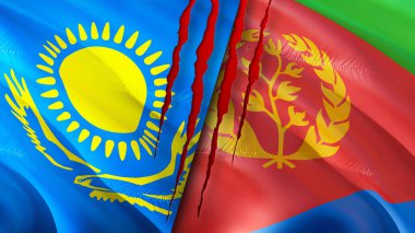 Kazakistan ve Eritre yara izi olan bayraklar. Dalgalanan bayrak, 3 boyutlu görüntüleme. Kazakistan ve Eritre çatışma konsepti. Kazakistan Eritre ilişkileri kavramı. Kazakistan bayrağı ve Eritre krizi, savaş