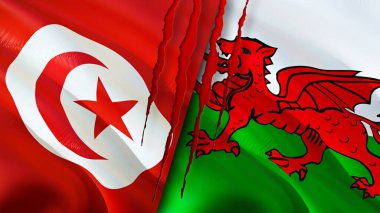 Yara izi olan Tunus ve Galler bayrakları. Dalgalanan bayrak, 3 boyutlu görüntüleme. Tunus ve Galler çatışması konsepti. Tunus Galler ilişkileri kavramı. Tunus ve Galler bayrağı krizi, savaş, saldırı konsepti