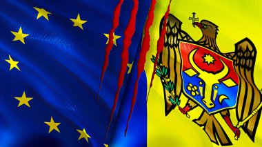 Yara izi olan Avrupa Birliği ve Moldova bayrakları. Dalgalanan bayrak, 3 boyutlu görüntüleme. Avrupa Birliği ve Moldova ihtilafı kavramı. Avrupa Birliği Moldova ilişkileri kavramı. Avrupa Birliği bayrağı