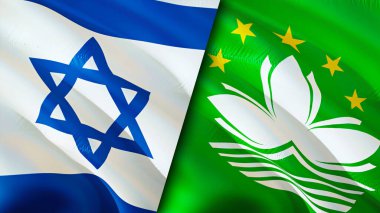 İsrail ve Macau bayrakları. 3 boyutlu dalgalanan bayrak tasarımı. İsrail Macau bayrağı, resim, duvar kağıdı. İsrail, Macau 'ya karşı, görüntü 3 boyutlu. İsrail Macau ilişkileri ittifak ve ticaret, seyahat, turizm konsepti