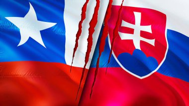 Şili ve Slovakya bayraklarında yara izi var. Dalgalanan bayrak, 3 boyutlu görüntüleme. Şili ve Slovakya çatışma konsepti. Şili Slovakya ilişkileri kavramı. Şili ve Slovakya bayrağı krizi, savaş, saldırı konsepti