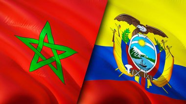 Fas ve Ekvador bayrakları. 3 boyutlu dalgalanan bayrak tasarımı. Fas Ekvador bayrağı, resim, duvar kağıdı. Fas Ekvador 'a karşı, görüntü 3D. Fas Ekvador ilişkileri ittifak ve ticaret, seyahat, turizm konsepti
