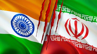 Hindistan ve İran yara izi kavramına sahip bayraklar. Dalgalanan bayrak, 3 boyutlu görüntüleme. Hindistan ve İran çatışma konsepti. Hindistan İran ilişkileri kavramı. Hindistan ve İran bayrağı krizi, savaş, saldırı konsepti