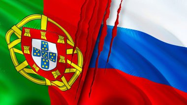 Portekiz ve Rusya yara izi kavramına sahip bayraklar. Dalgalanan bayrak, 3 boyutlu görüntüleme. Portekiz ve Rusya çatışma konsepti. Portekiz Rusya ilişkileri kavramı. Portekiz ve Rusya bayrağı kriz, savaş, saldırı konsepti
