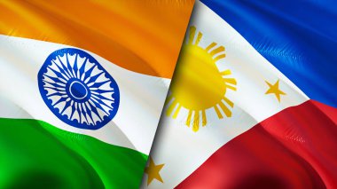 Hindistan ve Filipinler bayrakları. 3 boyutlu dalgalanan bayrak tasarımı. Hindistan Filipinler bayrağı, resim, duvar kağıdı. Hindistan, Filipinler 'e karşı, görüntü 3D. Hindistan Filipinler ilişkileri ittifak ve ticaret, seyahat, turnuva