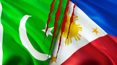 Yara izi olan Pakistan ve Filipinler bayrakları. Dalgalanan bayrak, 3 boyutlu görüntüleme. Pakistan ve Filipinler çatışması konsepti. Pakistan Filipinler ilişkileri konsepti. Pakistan ve Filipin bayrağı
