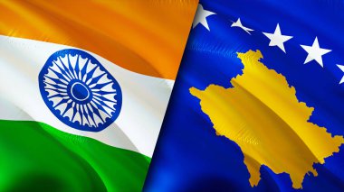 Hindistan ve Kosova bayrakları. 3 boyutlu dalgalanan bayrak tasarımı. Hindistan Kosova bayrağı, resim, duvar kağıdı. Hindistan, Kosova imajına karşı, 3D görüntüleme. Hindistan Kosova ilişkileri ittifak ve ticaret, seyahat ve turizm kavramları