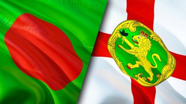 Bangladeş ve Alderney bayrakları. 3 boyutlu dalgalanan bayrak tasarımı. Bangladeş Alderney bayrağı, resim, duvar kağıdı. Bangladeş, Alderney 'e karşı, görüntü 3 boyutlu. Bangladeş Alderney ilişkileri ittifakı