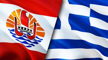 Fransız Polinezyası ve Yunanistan bayrakları. 3 boyutlu dalgalanan bayrak tasarımı. Fransız Polinezyası Yunanistan bayrağı, resim, duvar kağıdı. Fransız Polinezyası Yunanistan 'a karşı, 3 boyutlu canlandırma. Fransız Polinezyası Yunanistan ilişkileri ittifak