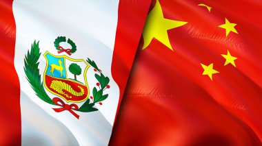 Peru ve Çin bayrakları. 3 boyutlu dalgalanan bayrak tasarımı. Peru Çin bayrağı, resim, duvar kağıdı. Peru, Çin 'e karşı imajı, 3 boyutlu görüntüleme. Peru Çin ilişkileri ittifak ve ticaret, seyahat, turizm konsepti