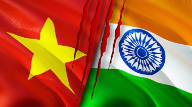 Vietnam ve Hindistan bayrakları. 3 boyutlu dalgalanan bayrak tasarımı. Vietnam Hindistan bayrağı, resim, duvar kağıdı. Vietnam, Hindistan 'a karşı görüntü, 3 boyutlu canlandırma. Vietnam Hindistan ilişkileri ittifak ve ticaret, seyahat, turizm konsepti