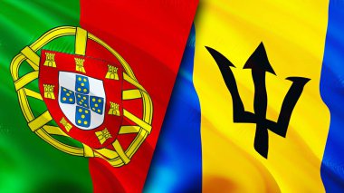 Portekiz ve Barbados bayrakları. 3 boyutlu dalgalanan bayrak tasarımı. Portekiz Barbados bayrağı, resim, duvar kağıdı. Portekiz, Barbados 'a karşı, görüntü 3 boyutlu. Portekiz Barbados ilişkileri ittifak ve ticaret, seyahat, turnuva