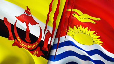 Brunei ve Kiribati yara izi olan bayraklar. Dalgalanan bayrak, 3 boyutlu görüntüleme. Brunei ve Kiribati çatışma konsepti. Brunei Kiribati ilişkileri kavramı. Brunei bayrağı ve Kiribati krizi, savaş, saldırı konsepti