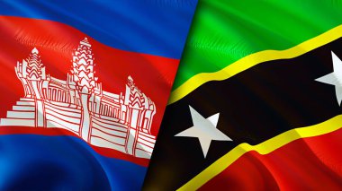 Kamboçya, Saint Kitts ve Nevis bayrakları. 3 boyutlu dalgalanan bayrak tasarımı. Kamboçya Saint Kitts ve Nevis bayrağı, resim, duvar kağıdı. Kamboçya, Saint Kitts ve Nevis 'e karşı, görüntü 3 boyutlu. Kamboçya Saint Kitt