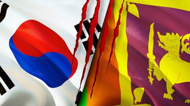 Güney Kore ve Sri Lanka bayraklarında yara izi var. Dalgalanan bayrak, 3 boyutlu görüntüleme. Güney Kore ve Sri Lanka çatışma konsepti. Güney Kore Sri Lanka ilişkileri kavramı. Güney Kore ve Sri Lank bayrağı