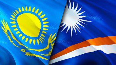 Kazakistan ve Marshall Adaları bayrakları. 3 boyutlu dalgalanan bayrak tasarımı. Kazakistan Marshall Adaları bayrağı, resim, duvar kağıdı. Kazakistan, Marshall Adaları 'na karşı. Görüntü 3 boyutlu. Kazakistan Marshall Adası