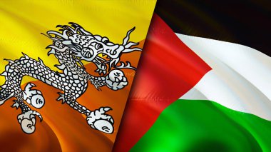 Butan ve Filistin bayrakları. 3 boyutlu dalgalanan bayrak tasarımı. Butan Filistin bayrağı, resim, duvar kağıdı. Butan Filistin 'e karşı, görüntü 3D. Butan Filistin ilişkileri ittifak ve ticaret, seyahat, turnuva