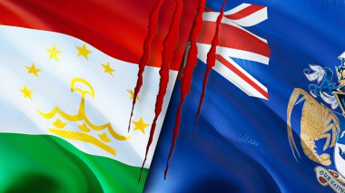 Tacikistan ve Tristan da Cunha bayraklarında yara izi var. Dalgalanan bayrak, 3 boyutlu görüntüleme. Tacikistan ve Tristan da Cunha çatışma konsepti. Tacikistan Tristan da Cunha ilişkileri kavramı. Tajikista bayrağı