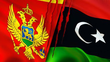 Karadağ ve Libya yara izi kavramına sahip bayraklar. Dalgalanan bayrak, 3 boyutlu görüntüleme. Karadağ ve Libya ihtilaf kavramı. Karadağ Libya ilişkileri kavramı. Karadağ bayrağı ve Libya krizi, savaş, attac