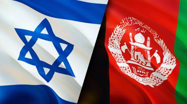 İsrail ve Afganistan bayrakları. 3 boyutlu dalgalanan bayrak tasarımı. İsrail Afganistan bayrağı, resim, duvar kağıdı. İsrail, Afganistan 'a karşı, görüntü 3 boyutlu. İsrail-Afganistan ilişkileri