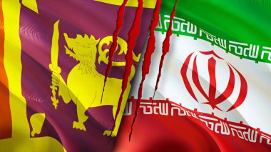 Sri Lanka ve İran bayraklarında yara izi var. Dalgalanan bayrak, 3 boyutlu görüntüleme. Sri Lanka ve İran çatışma konsepti. Sri Lanka İran ilişkileri kavramı. Sri Lanka bayrağı ve İran krizi, savaş, saldırı konsepti