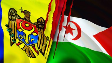 Yara izi olan Moldova ve Batı Sahra bayrakları. Dalgalanan bayrak, 3 boyutlu görüntüleme. Moldova ve Batı Sahra çatışma konsepti. Moldova Batı Sahra ilişkileri kavramı. Moldova ve Wester bayrağı