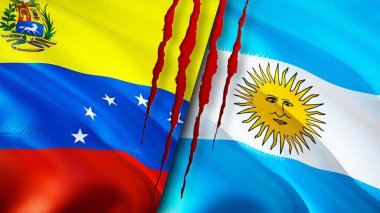 Venezuela ve Arjantin bayrakları yara izi konseptiyle. Dalgalanan bayrak, 3 boyutlu görüntüleme. Venezuela ve Arjantin çatışma konsepti. Venezuela Arjantin ilişkileri kavramı. Venezuela ve Arjantin bayrağı