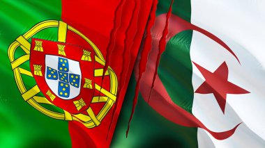 Portekiz ve Cezayir bayraklarında yara izi var. Dalgalanan bayrak, 3 boyutlu görüntüleme. Portekiz ve Cezayir çatışma konsepti. Portekiz Cezayir ilişkileri kavramı. Portekiz ve Cezayir bayrağı krizi, savaş, attac