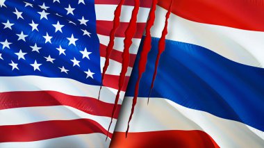 Yara izi olan ABD ve Tayland bayrakları. Dalgalanan bayrak, 3 boyutlu görüntüleme. ABD ve Tayland çatışma konsepti. ABD Tayland ilişkileri konsepti. ABD ve Tayland bayrağı krizi, savaş, saldırı konsepti