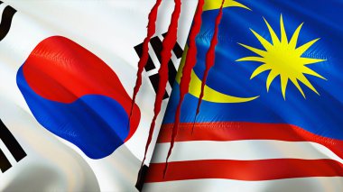 Güney Kore ve Malezya bayraklarında yara izi var. Dalgalanan bayrak, 3 boyutlu görüntüleme. Güney Kore ve Malezya çatışma konsepti. Güney Kore Malezya ilişkileri kavramı. Güney Kore ve Malaysi bayrağı