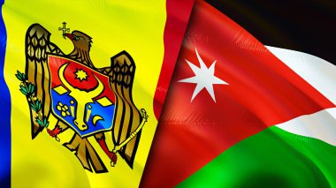 Moldova ve Ürdün bayrakları. 3 boyutlu dalgalanan bayrak tasarımı. Moldova Ürdün bayrağı, resim, duvar kağıdı. Moldova, Ürdün imajına karşı, 3 boyutlu canlandırma. Moldova Ürdün ilişkileri ittifak ve ticaret, seyahat, turizm konsepti