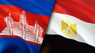 Kamboçya ve Mısır bayrakları. 3 boyutlu dalgalanan bayrak tasarımı. Kamboçya Mısır bayrağı, resim, duvar kağıdı. Kamboçya, Mısır 'a karşı görüntüsü, 3 boyutlu canlandırma. Kamboçya Mısır ilişkileri ittifak ve ticaret, seyahat, turizm konsepti