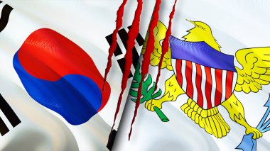 Güney Kore ve ABD Virgin adaları yara izi kavramına sahip bayraklar. Dalgalanan bayrak, 3 boyutlu görüntüleme. Güney Kore ve ABD Virgin Adaları çatışma konsepti. Güney Kore ABD Virgin Adaları ilişkileri kavramı. fla