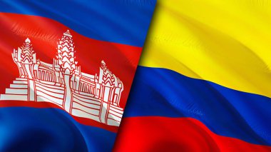 Kamboçya ve Kolombiya bayrakları. 3 boyutlu dalgalanan bayrak tasarımı. Kamboçya Kolombiya bayrağı, resim, duvar kağıdı. Kamboçya, Kolombiya 'ya karşı. Görüntü 3 boyutlu. Kamboçya Kolombiya ilişkileri ittifak ve ticaret, seyahat, turnuva
