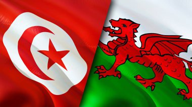 Tunus ve Galler bayrakları. 3 boyutlu dalgalanan bayrak tasarımı. Tunus Galler bayrağı, resim, duvar kağıdı. Tunus Galler 'e karşı, görüntü 3 boyutlu. Tunus Galler ilişkileri ittifak ve ticaret, seyahat, turizm konsepti