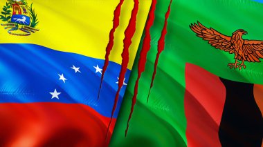 Venezuela ve Zambiya yara izi olan bayraklar. Dalgalanan bayrak, 3 boyutlu görüntüleme. Venezuela ve Zambiya çatışma konsepti. Venezuela Zambiya ilişkileri kavramı. Venezuela ve Zambiya krizi bayrağı, savaş, attac