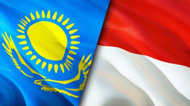 Kazakistan ve Endonezya bayrakları. 3 boyutlu dalgalanan bayrak tasarımı. Kazakistan Endonezya bayrağı, resim, duvar kağıdı. Kazakistan, Endonezya 'ya karşı, görüntü 3 boyutlu. Kazakistan Endonezya ilişkileri
