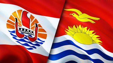Fransız Polinezyası ve Kiribati bayrakları. 3 boyutlu dalgalanan bayrak tasarımı. Fransız Polinezya Kiribati bayrağı, resim, duvar kağıdı. Fransız Polinezyası, Kiribati 'ye karşı, 3 boyutlu canlandırma. Fransız Polinezyası Kiribati ilişkisi