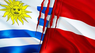Yara izi olan Uruguay ve Letonya bayrakları. Dalgalanan bayrak, 3 boyutlu görüntüleme. Uruguay ve Letonya çatışma konsepti. Uruguay Letonya ilişkileri kavramı. Uruguay ve Letonya bayrağı krizi, savaş, saldırı konsepti