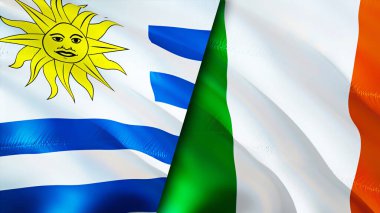 Uruguay ve İrlanda bayrakları. 3 boyutlu dalgalanan bayrak tasarımı. Uruguay İrlanda bayrağı, resim, duvar kağıdı. Uruguay, İrlanda imajına karşı, 3D görüntüleme. Uruguay İrlanda ilişkileri ittifak ve ticaret, seyahat, turizm konsepti