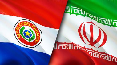Paraguay ve İran bayrakları. 3 boyutlu dalgalanan bayrak tasarımı. Paraguay İran bayrağı, resim, duvar kağıdı. Paraguay, İran imajına karşı, 3D görüntüleme. Paraguay İran ilişkileri ittifak ve ticaret, seyahat, turizm konsepti