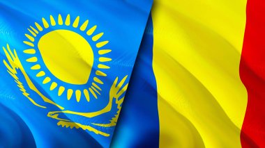 Kazakistan ve Romanya bayrakları. 3 boyutlu dalgalanan bayrak tasarımı. Kazakistan Romanya bayrağı, resim, duvar kağıdı. Kazakistan, Romanya imajına karşı, 3D görüntüleme. Kazakistan Romanya ilişkileri bir ittifak
