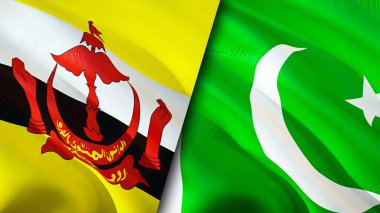 Brunei ve Pakistan bayrakları. 3 boyutlu dalgalanan bayrak tasarımı. Brunei Pakistan bayrağı, resim, duvar kağıdı. Brunei, Pakistan 'a karşı, görüntü 3 boyutlu. Brunei Pakistan ilişkileri ittifak ve ticaret, seyahat, turizm konsepti