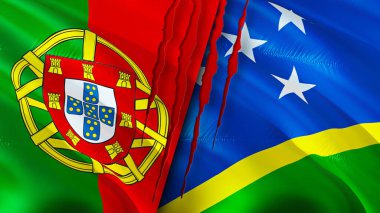 Portekiz ve Solomon Adaları yara izi olan bayraklar. Dalgalanan bayrak, 3 boyutlu görüntüleme. Portekiz ve Solomon Adaları çatışma konsepti. Portekiz Solomon Adaları ilişkileri kavramı. Portekiz bayrağı