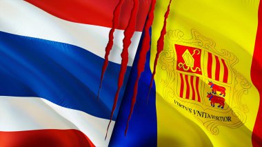 Yara izi olan Tayland ve Andorra bayrakları. Dalgalanan bayrak, 3 boyutlu görüntüleme. Tayland ve Andorra çatışma konsepti. Tayland Andorra ilişkileri kavramı. Tayland bayrağı ve Andorra krizi, savaş, attac