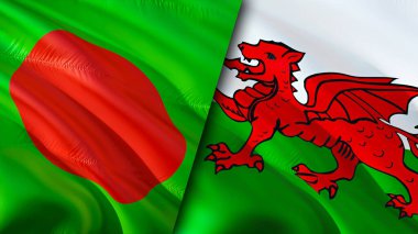 Bangladeş ve Galler bayrakları. 3 boyutlu dalgalanan bayrak tasarımı. Bangladeş Galler bayrağı, resim, duvar kağıdı. Bangladeş Galler 'e karşı, görüntü 3 boyutlu. Bangladeş Galler ilişkileri ittifak ve ticaret, seyahat, turnuva