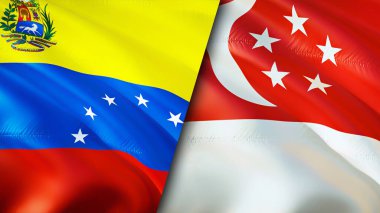 Venezuela ve Singapur bayrakları. 3 boyutlu dalgalanan bayrak tasarımı. Venezuela Singapur bayrağı, resim, duvar kağıdı. Venezuela, Singapur 'a karşı, görüntü 3 boyutlu. Venezuela Singapur İlişkiler Birliği