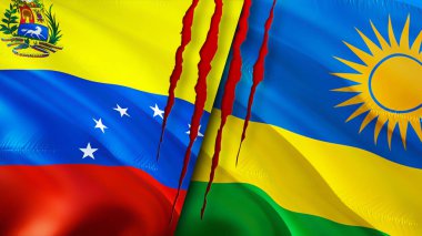 Venezuela ve Ruanda yara izi olan bayraklar. Dalgalanan bayrak, 3 boyutlu görüntüleme. Venezuela ve Ruanda çatışma konsepti. Venezuela Ruanda ilişkileri kavramı. Venezuela bayrağı ve Ruanda krizi, savaş, attac