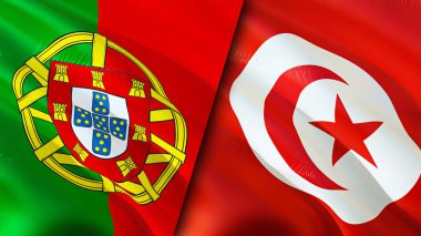 Portekiz ve Tunus bayrakları. 3 boyutlu dalgalanan bayrak tasarımı. Portekiz Tunus bayrağı, resim, duvar kağıdı. Portekiz Tunus 'a karşı, görüntü 3 boyutlu. Portekiz Tunus ilişkileri ittifak ve ticaret, seyahat, turnuva