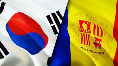Güney Kore ve Andorra bayrakları. 3 boyutlu dalgalanan bayrak tasarımı. Güney Kore Andorra bayrağı, resim, duvar kağıdı. Güney Kore, Andorra 'ya karşı, görüntü 3 boyutlu. Güney Kore Andorra ilişkileri